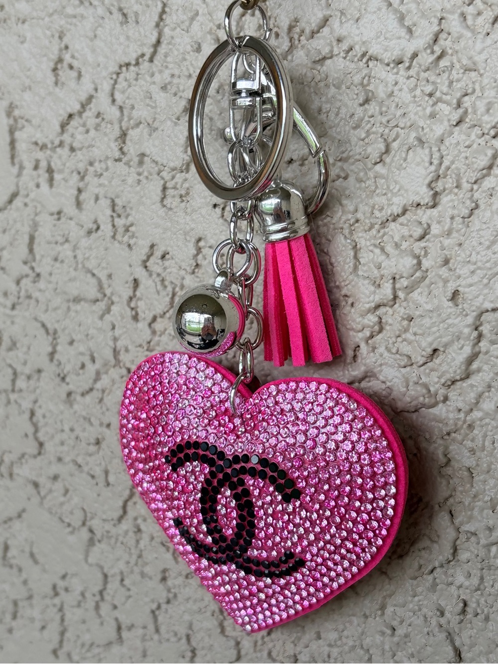 Vibrant Pink Crystal Heart Keychain with Black Monogram - Picture 3 of 6
